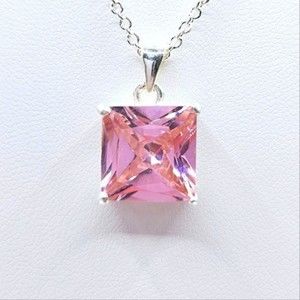 Pink Princess Cut CZ Soft Girl Sparkle Necklace Silver Chain NEW